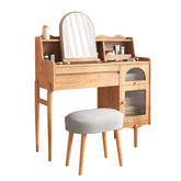 Wooden makeup vanity table with dressing mirror, drawers, and side cabinet for bedroom storage